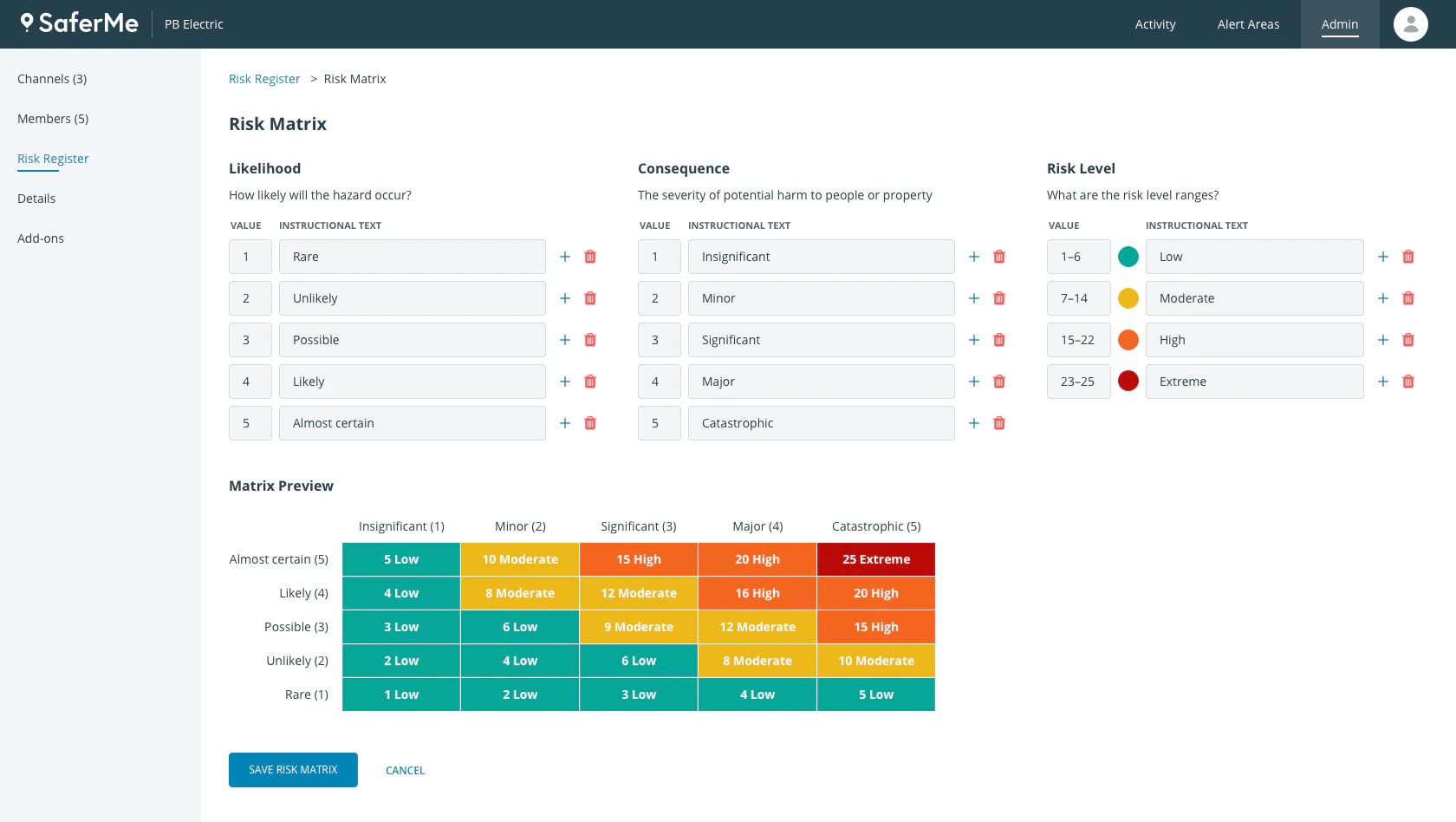 Risk matrix settings with editable scales for likelihood (Rare to Almost certain), consequence (Insignificant to Catastrophic) and risk level (Low, Moderate, High, Extreme), above a colour-coded 5 by 5 preview grid.